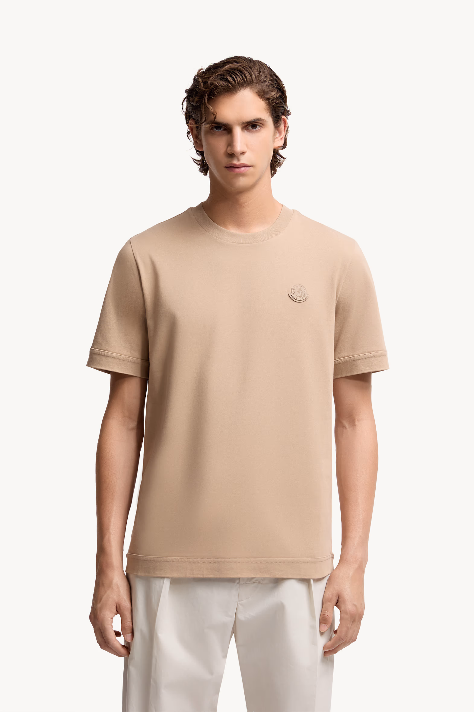 Camiseta de algodón con parche con logotipo Hombre Beige Claro Moncler 3